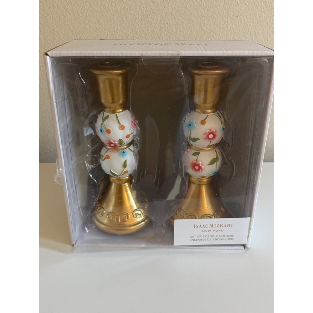 Isaac Mizrahi New York Floral Gold Candle Holders Set of 2 Taper Stands - Picture 1 of 8